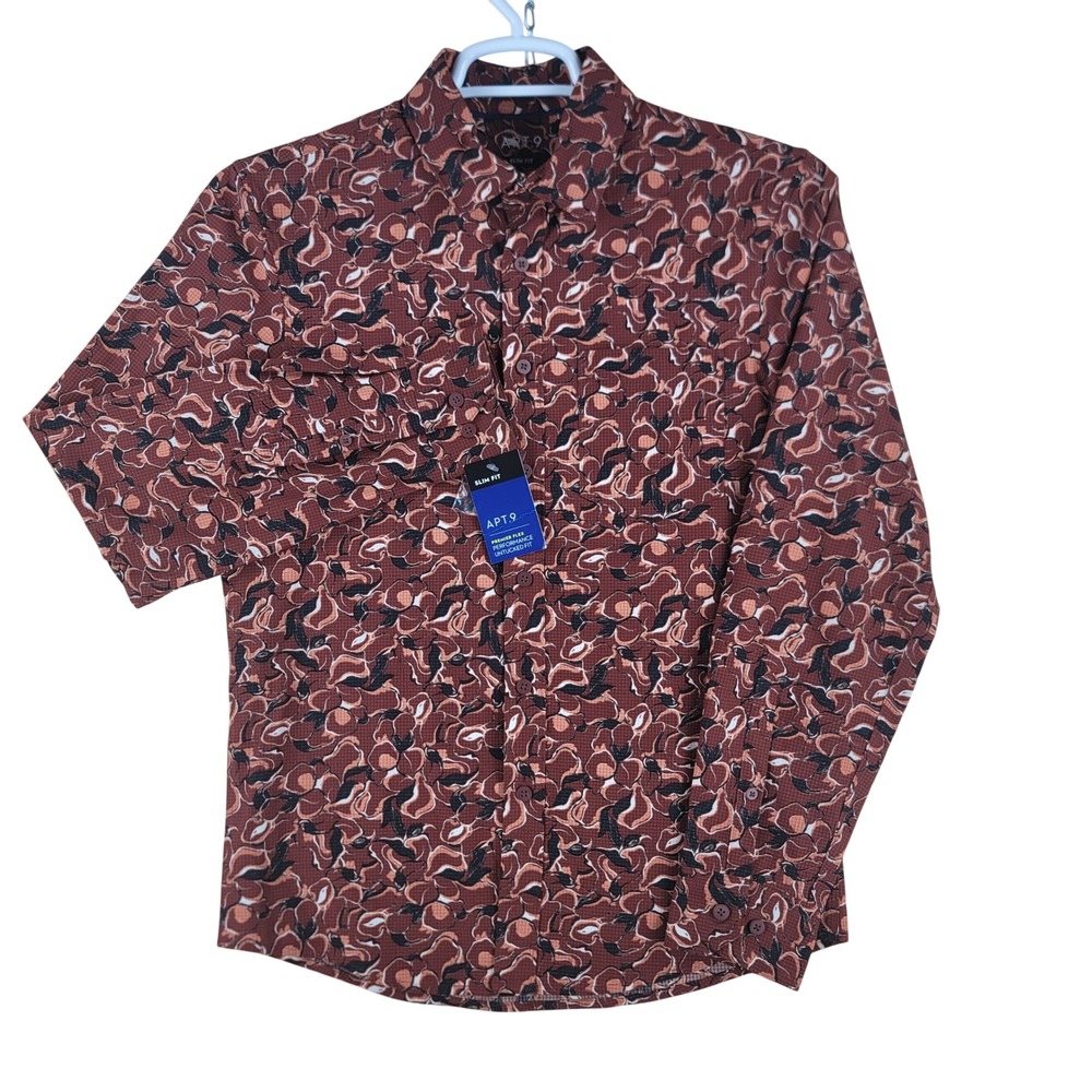 Apt 9 Button Up Shirt Mens S Slim Brown Abstract Floral Premier Flex NEW